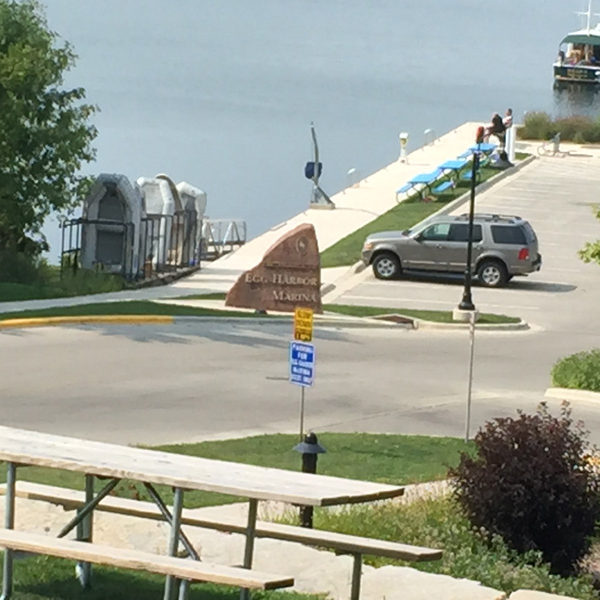 Far away view at park bench