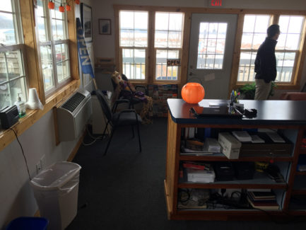 Behind front desk seating area