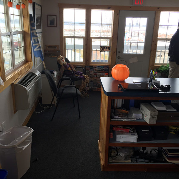 Behind front desk seating area